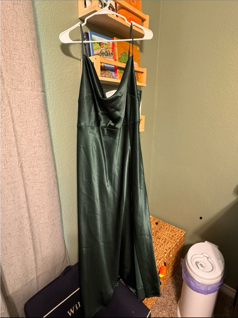 Birdy Grey Emerald Green Satin Slip Dress with Spaghetti Straps